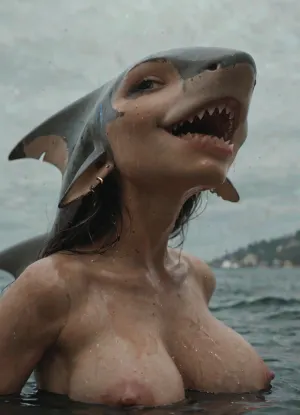 solo female, (human shark_hybrid), (animal shark:1), ocean, style, of, (firm breasts:1), Swedish, (grey_sharkskin:1), (detailed blue_eyes), <lora:tbh336-sdxl:.5>