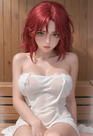 (1girl, red hair, green eyes, long messy hair), beautiful face, blush, freckles, hands resting on tits, big breasts, perfect body, erect nipples, (towel), orgazem, sweating, masturbating, sauna, ratatatat74, <lora:cartoon_stickers_xl_v1:.6>, <lora:ratatatat74-000050:1>, <lora:gotou_hitori_xl:1.2>