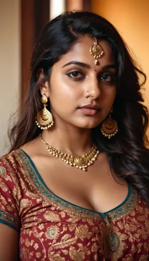 beautiful Indian curvy girl with beautiful rounded texture breast and wearing printed shirt and wearing nose rings