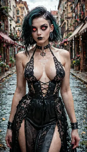 Girl goth demon, surnatural warning, monsterous girl, full view, depth of field