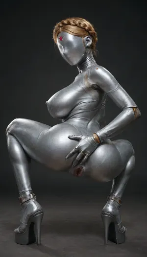 girl from Atomic Heart video game, Atomic Heart outfit, 1girl, full body view, a cyborg woman with robotic body except her boobs and pussy, excybertechsdxl, robot, Android, side view, mask, huge breast implants, platform high heels, spreading asshole, spreading pussy with hands