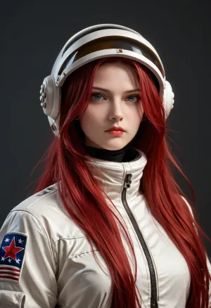 (18 years old russian girl with red long hairs), (red hairs), tall and slim body, astronaut suit, higly detailed, masterpiece