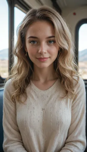 (large format photograph), of a solo, (beautiful, Norwegian:1.4), (woman), in her, (mid-20s), (messy long wavy hair, blonde hair with dark roots), (pale skin with, (subtle freckles:.5)), (strong wide jaw, defined jawline), wearing a comfortable pullover sweater, sitting, (solo), in a, (luxury train), with a view of, (scenic snowy mountain sunset), out the large window dominating the frame background, upper body, shot during the golden hour, soft diffused lighting, (eye level:1.4), (contended smile), highly detailed skin, subsurface scattering, 8k, uhd, ultra high quality, dslr, soft lighting, (shot on Pentax 645Z, Kodak Vision3 IMAX, dreamy haze, (in style of Oleg Oprisco:1.4)), ((submissive)), ((lovely)), (((in very sexual intimate erotic pose))), wild hair, full body, ((very much want have sex)), ((high detailed pores on skin)), well-build body, medium tits, small lips, lots of freckles face and skin, blush on the checks and nose, (raised nasal tip, upturned button nose, upturned nose, delicate nose, nose), hypnotized loving grey eyes, brown wild wet hair with sidelocks, very sexy smile, <lora:more_details:.5>, <lora:polyhedron_all_eyes:.25>, <lora:polyhedron_new_skin_v1.1:.1>, <lora:mm_sd15_v2_lora_PanRight:.3>
