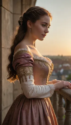 Juliet, 18 year old, on an Elizabethan Era balcony, wearing a Elizabethan Era style dress, ((pulling the shoulder of her dress down)), hand on shoulder, sunset, backlit, hand pulling down shoulder of dress, <lora:439810_training_data:.8>