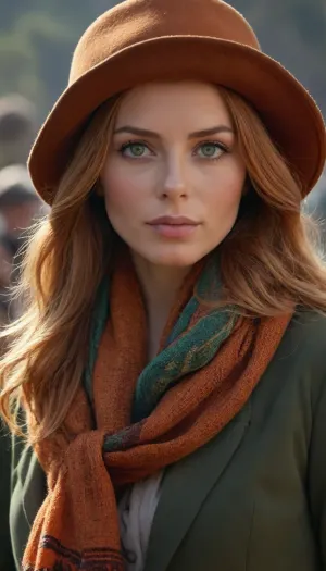 a close up of a woman 35ys, green eyes, (long ligth bronw hair), orange hair, wearing a hat and a scarf, by Hannah Tompkins, market setting, chile, wearing collar, jenny seville, nepal, very professional, amber, looking confident, christina kritkou, # 0 1 7 9 6 f, thick collar, slightly sunny, inca style, casually dressed