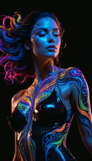 Colorful woman, Black ink flow, 8k, photorealistic masterpiece, intricately detailed fluid gouache, calligraphy, watercolor art, professional photography, volumetric lighting, photo-illustration, concept art, elegant, fantastical, PENeonUV, blacklight, neon, <lora:PE_NeonUV Style:.5>