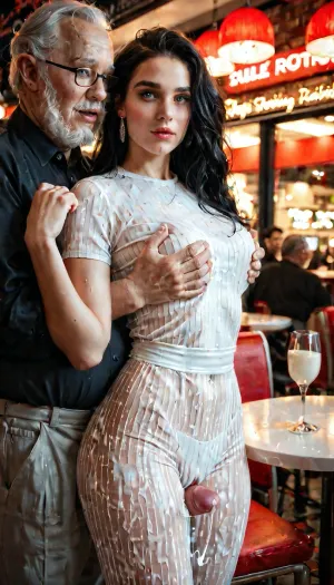young woman in restaurant and meet a very old man with long unwashed hair, at night, ((background is restaurant)), ((1 very old fat man white long beard and long unwashed hair:1)), (stroking cocks), (stand stroking), masterpiece, 4k, high details, realistic eyes, full view, black hair, ultra high res, 8k uhd, dslr, high quality, (highly detailed hair), unrrealistic penis, precum cock, (((woman in nylon clothes:1.2))), (woman rub her pussy to old man), (((stroking cocks))), (stroking crowd), full view of both persons, very old fat mans hand on his cock, woman lifts her pussy, realistiy eyes, woman look to the old man, lustful face, young woman, small tits, small body