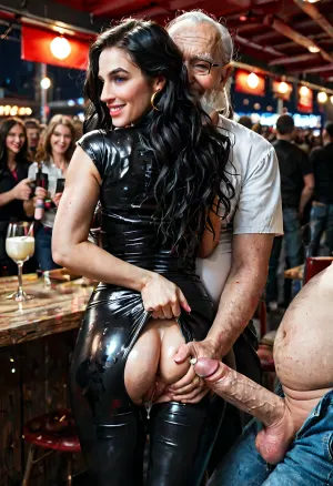 young woman in restaurant and meet a very old man with long unwashed hair, at night, ((background is restaurant)), ((1 very old fat man white long beard and long unwashed hair:1)), (stroking cocks), (stand stroking), masterpiece, 4k, high details, realistic eyes, full view, black hair, ultra high res, 8k uhd, dslr, high quality, (highly detailed hair), unrrealistic penis, precum cock, (((woman in nylon clothes:1.2))), (woman rub her pussy to old man), (((stroking cocks), (stroking crowd), full view of both persons, very old fat mans hand on his cock, woman lifts her ass, realistiy eyes, woman look to the old man, (old man is smiling:1), lustful face), tall woman)