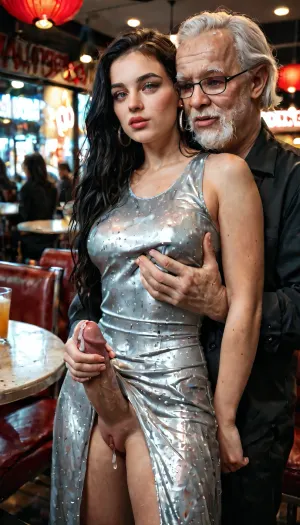 young woman in restaurant and meet a very old man with long unwashed hair, at night, ((background is restaurant)), ((1 very old fat man white long beard and long unwashed hair:1)), (stroking cocks), (stand stroking), masterpiece, 4k, high details, realistic eyes, full view, black hair, ultra high res, 8k uhd, dslr, high quality, (highly detailed hair), unrrealistic penis, precum cock, (((woman in nylon clothes:1.2))), (woman rub her pussy to old man), (((stroking cocks))), (stroking crowd), full view of both persons, very old fat mans hand on his cock, woman lifts her pussy, realistiy eyes, woman look to the old man, lustful face, young woman, small tits, small body