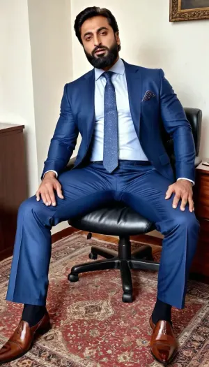 'Afzal Khan', very ruggedly handsome Muscular Pakistani Politician, Married Muslim hunk with long beard stripping his wet sweaty uniform, (sexy mistress of Afzal licking and cleaning his shoes), sweaty skin, hairy Chest and armpits, sexually frustrated dark Muslim Man, tall dilf, daddy, Virile Muscular Man sitting on Office Recliner, view from ground, Office shoes, full length formal trousers, Seductive realistic eyes, professional photography, sharp focus, 4k high definition, insanely detailed, RAW photo, HDR, hyper-realistic, dark lighting, photo realism