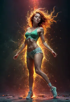 blue background, Hottie, sexy, slim college girl, big round breasts, d-cup, very long ginger hair, green crop top, white shorts, white trainers, lace trim, full body view, drkfntasy, disintegrating, saturated, colors, Eye-catching, sunset, artxldnc, <lora:darkfantasystyle:.7>, <lora:saturated_colors:1.1>, <lora:disintegrating:2>, <lora:eye-catching_sunset:.9>, <lora:artfullyXLDANCE_SDXL_V:1.1>