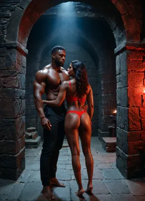 Joshua a black muscular man, (70inches height), holding Ankita a dusky slender woman, (65inches height), from behind, model like pose, in a dungeon setting, the backdrop features glowing red accents among dark stone walls, adding depth to the scene, <lora:add-detail-xl:.5>, <lora:xl_more_art-full_v1:.5>