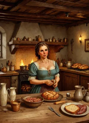 There are clay mugs and plates on the table only, There are no glassware anywhere, just crudely made clay mugs and clay bowls., (8k uhd, dslr, highest quality, masterpiece, detailed skin texture, (highly detailed hair), (highly detailed face), extremely detailed), 1woman, milf 40 year old, curvy, chubby, Medieval A commoner woman drinks beer from a clay mug at a wooden table in a cozy, dimly lit tavern. She has a a large bust, is short and a bit plump, dressed in a medieval simple, modest women's clothing. The woman wears simple cheap beads, and her hair is styled in a beautiful, traditional medieval updo. she undressing at the table, The tavern is rustic with stone walls, wooden beams on the ceiling, and warm, flickering candlelight casting soft shadows on the room. The table is covered with various medieval dishes, including bread, roasted meat, and mugs of ale. The atmosphere is intimate and inviting, with a fire crackling in the hearth, adding a warm glow to the room., Sketch, Painting, <lora:Dusk_XL_Rockwell_dadapt_cos_1e-7:.8>, <lora:Drawings_Pierre_Joubert_Style:.5>