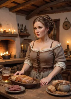 There are clay mugs and plates on the table only, There are no glassware anywhere, just crudely made clay mugs and clay bowls., (8k uhd, dslr, highest quality, masterpiece, detailed skin texture, (highly detailed hair), (highly detailed face), extremely detailed), 1woman, milf 40 year old, curvy, chubby, Medieval A commoner woman drinks beer from a clay mug at a wooden table in a cozy, dimly lit tavern. She has a a large bust, is short and a bit plump, dressed in a medieval simple, modest women's clothing. The woman wears simple cheap beads, and her hair is styled in a beautiful, traditional medieval updo. she undressing at the table, The tavern is rustic with stone walls, wooden beams on the ceiling, and warm, flickering candlelight casting soft shadows on the room. The table is covered with various medieval dishes, including bread, roasted meat, and mugs of ale. The atmosphere is intimate and inviting, with a fire crackling in the hearth, adding a warm glow to the room., Sketch, Painting, <lora:Drawings_Pierre_Joubert_Style:.5>