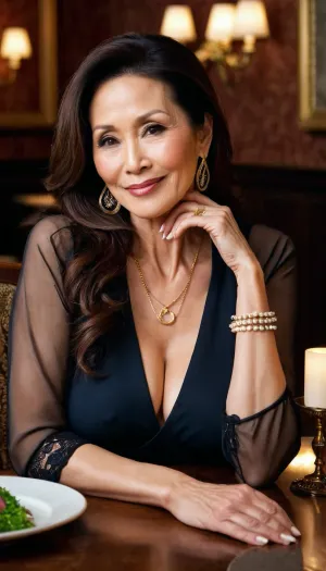 Japanese old mature, Asian Japanese, sexy 55 years old, dark brunette hair, long hair, glamour, big hoop earrings, necklace, big black eyes, tall, skinny, extreme saggy tits, very saggy boobs, super saggy tits, gold necklace, looking at the camera, lovely smile face, long sleeve lingerie, charming, dark brunette, at the fancy restaurant table, elbow on table, hands on chin and face, in love looking
