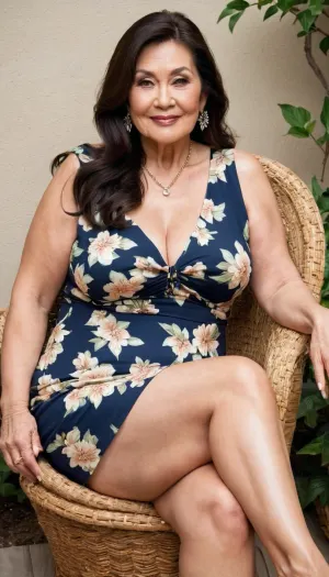 Japanese old granny mature, sexy 65 years old granny, dark brunette hair, long hair, fancy and glamour, big hoop earrings, necklace, big eyes, wide shoulders, thick body, very chubby bbw, very tall, tiny small saggy tits, looking at the camera, very cute smile face, charming, very hot and horny, seduction horny, outside, flower short summer dress, seated, wedges heels, thick legs, open legs, full body view