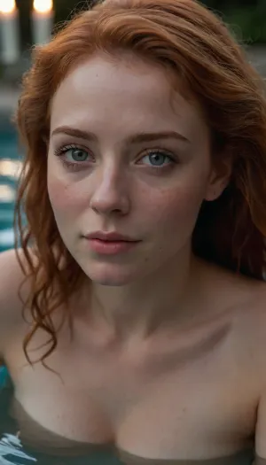 (21 year old woman), (soft focus), (moody romantic lighting, candle light, string lighting:1.2), (ultra realistic, realistic, photorealistic, photo realistic, photorealism, photo realism), (maximum quality, ultra-detailed, insanely detailed, highly detailed, high quality, uncompressed, raw source photograph), (highly detailed eyes, high resolution eyes, high quality eyes, highly detailed skin, detailed skin texture, highly detailed hair), (same color eyes, symmetric eyes, matching eyes, detailed eyes, detailed iris, detailed pupils, limbal ring around iris, perfectly round iris, perfectly round pupils), (striking eyes, captivating eyes, mesmerizing eyes, glittering eyes, Fae eyes), (highly detailed skin, detailed skin texture, highly detailed hair), (flushed face, flushed cheeks, rosy cheeks, flushed neck, flushed chest), (Irish, red hair, pale skin with prominent tan lines and freckles), (relaxing in a beautiful outdoors pool:1.4), (highly detailed nipples, high resolution nipples, high quality nipples), ((submissive)), ((lovely)), (((in very sexual intimate erotic pose))), wild hair, full body, ((very much want have sex)), ((high detailed pores on skin)), well-build body, medium tits, small lips, lots of freckles face and skin, blush on the checks and nose, (raised nasal tip, upturned button nose, upturned nose, delicate nose, nose), hypnotized loving grey eyes, brown wild wet hair with sidelocks, very sexy smile