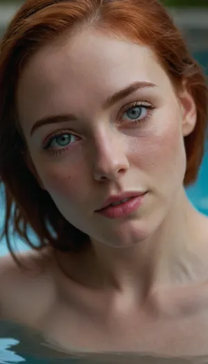 (21 year old woman), (soft focus), (moody romantic lighting, candle light, string lighting:1.2), (ultra realistic, realistic, photorealistic, photo realistic, photorealism, photo realism), (maximum quality, ultra-detailed, insanely detailed, highly detailed, high quality, uncompressed, raw source photograph), (highly detailed eyes, high resolution eyes, high quality eyes, highly detailed skin, detailed skin texture, highly detailed hair), (same color eyes, symmetric eyes, matching eyes, detailed eyes, detailed iris, detailed pupils, limbal ring around iris, perfectly round iris, perfectly round pupils), (striking eyes, captivating eyes, mesmerizing eyes, glittering eyes, Fae eyes), (highly detailed skin, detailed skin texture, highly detailed hair), (flushed face, flushed cheeks, rosy cheeks, flushed neck, flushed chest), (Irish, red hair, pale skin with prominent tan lines and freckles), (relaxing in a beautiful outdoors pool:1.4), (highly detailed nipples, high resolution nipples, high quality nipples), ((submissive)), ((lovely)), (((in very sexual intimate erotic pose))), wild hair, full body, ((very much want have sex)), ((high detailed pores on skin)), well-build body, medium tits, small lips, lots of freckles face and skin, blush on the checks and nose, (raised nasal tip, upturned button nose, upturned nose, delicate nose, nose), hypnotized loving grey eyes, brown wild wet hair with sidelocks, very sexy smile