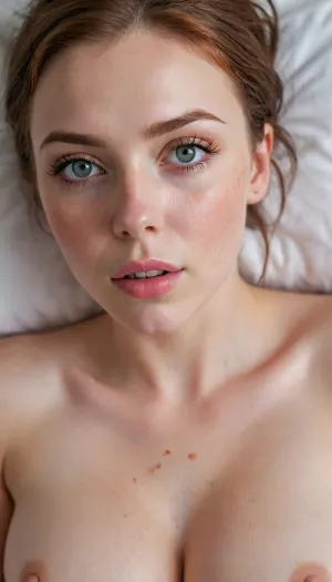 18 Year old woman, (Irish, pale skin, freckles, freckles on face), (photorealistic, photo realistic, photorealism, photo realism), (hyper realistic), hyperrealism, (ultra realistic), (8k resolution), (ultra-detailed, insane detail), (professional photography), (masterpiece, best quality, ultra quality, highest quality), (perfect lighting, perfect illumination, ring lighting), (same color eyes, symmetric eyes, matching eyes, detailed eyes, detailed iris, detailed pupils, limbal ring around iris, perfectly round iris), (detailed skin, high detailed skin, intricately detailed skin, perfectly detailed skin, high quality skin, highest quality skin, exquisitely textured skin), (intricate clothing, detailed clothing), (microblade eyebrows), (long eyelashes with mascara), (overfilled lips, juicy lips, filled lips, puffy lips, glossy lips, her thick wet lips are slightly parted, nervously biting lower lip, lip bite, lip biting), (flushed cheeks, flushed neck, blushing cheeks, blushing neck), (casual makeup, subtle makeup, natural makeup), (narrow jaw, delicate jawline, pointed jaw and chin, heart shaped face, pixie face, fairy face, fae features, extremely feminine face, round face, chin, mouth, high cheekbones, sharp cheekbones, faint vellus hairs), (upturned button nose, upturned nose, delicate nose, nose), (hair, pixie cut hair, pixie hair, loose hair framing her face, messy hair, tousled hair, bed hair, sex hair, dark ginger hair with dark roots), (eyes slightly crossed, big eyes, wide eyes, doe eyes, slightly wide set eyes), (pale grey eyes, pale green eyes, striking eyes, captivating eyes, mesmerizing eyes, fae eyes), (huge breasts, large breasts, large natural breasts), (laying on back, laying down, lying on her back so her big soft tits ride up towards her face), (athletic body, sporty body, lean body), (close up portrait of face, tight closeup of face, closely zoomed in on face, tight in on face, extreme closeup), (looking straight into the camera, looking straight ahead, head slightly raised, gazing lovingly straight into the camera, looking down on her from above), (she's in love, adoring gaze), (no nudes, nonnude), (relaxed posture, casual pose), (loving expressing, adoring expression, joyous, joyful, pleased), (girlfriend, girlfriend material, girlfriend experience), <lora:FLUX_winks_and_biting_v2:.5>