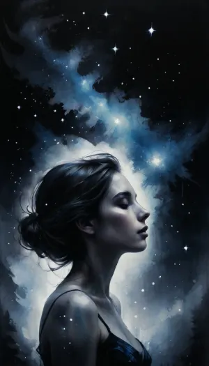 (Double exposure effect:1.4), of, (dreamy woman:1.2), (silhouette:1.1), superimposed against starry night, (deep blues and silver stars), high contrast, negative space, photoillustration, dreamlike
rule of thirds
by Dan Mountford, by Dan Hillier, Colorsplash, <lora:SDXLPaintSplash:1>