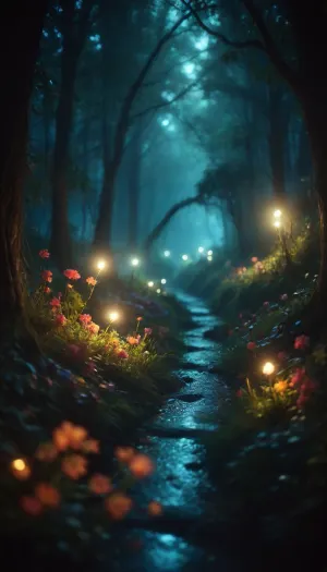 (8k analog photo, faerie landscape:1.2), a, (faerie strange:1.1), forest at night with, (glowing:1.1), flowers, river, vibrant colors, <lora:M05_Intensify:1>
