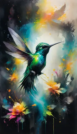 (Double exposure effect:1.4), of, (hummingbird:1.2), superimposed against swirling flower petals, style of Kim Keever, (glittering yellow and green colors), negative space, Colorsplash, <lora:SDXLPaintSplash:1.3>, <lora:SDXLFaeTastic2400:.5>