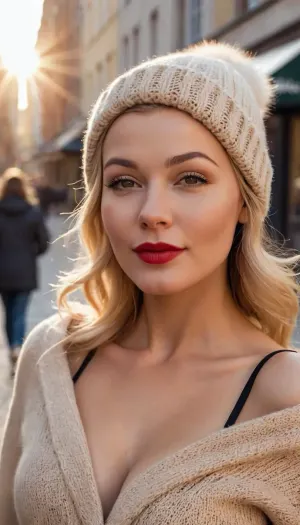 Insanely cute and hot 40yo babe from sweden, long blonde thick and healthy hair, high waist jeans and red shiny pumps, loose strap linen top and a black tote bag over her shoulder, cold winter morning waiting outside in a busy big-city street, smiling and you flirtatiously, natural and beautiful, no bra and natural hangers, natural curvy body, pokies under top, tidy make-up and sharp lipstick, volumous sexy horny lips, (((winking at you with 1 eye))), knit expensive beige winter hat, fair skin color, rosy cheeks from the cold, mid-length fancy dark warm designer coat, cheeky and flirtatious, very good winter morning light, lens flare and sunrise, purest most beautiful natural woman, natural imperfections and wrinkles around mouth, hig cheekbones, freckles and soft sensual heart-shaped lips, photo realistic, professional photo, 8k, nikon, high resolution, extremely detailed, depth in picture, smokinglora, <lora:smoking_v2:.5>, Dreamyvibes, Artstyle, <lora:Dreamyvibes artstyle SDXL - Trigger with dreamyvibes artstyle:.5>