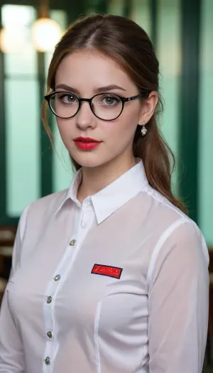 (SDXL:.3), (Beautifull british-rusian korean), (curvy), (pale), (nerd), (shy girl), (green round eyes), (big rounded D size breasts), (ear rings), (red thin lips), (round small pierced nose), (wearing thin specs), (sexy very transparent white school unbutton uniform), (3/4 view), (unzip shirt buttons), (diamond face)