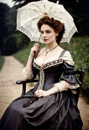 woman, Rococo somenaked dress, ((Vintage Victorian dress)), perfect sexy Italian aristocrat model, (busty perfect breast), hold parasol in hand, sit under a lace parasol with legs wide apart, full body! the! most! beautiful!, intricate dress, 18 century city street rain background, darkness atmosphere, victorianstyle, 1880s, gothic revival style, RAW photo, analogue style, vintage photography, depth of field, photography by Natalia Drepina, <lora:victoriansxl_v1:.6>