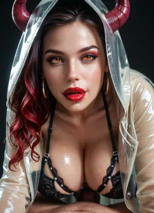 woman succubus, man_Midget, masterpiece, cowgirl, vaginal sex, bent over, (masturbating), (succubus woman:1.4), beautiful big lips, beautiful eyes, red lipstick, high detailed face, shiny skin, thin, big breasts, srxy lingerie, (Long Raincoat hood), Midget lying on back, front view, close-up, Cinematic light, best quality, mega detailed, mega quality, high detailed