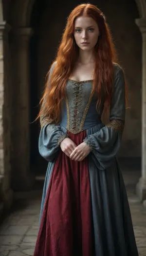 Girl with long red hair wearing a long medieval dress with a wet stain around her groin.