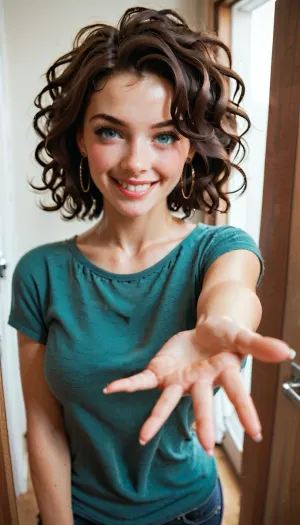 Girl next door, horny, sultry, casual clothes, propositioning viewer, sly smile, embarrassed, secretive, view from above, reaching for viewer's groin