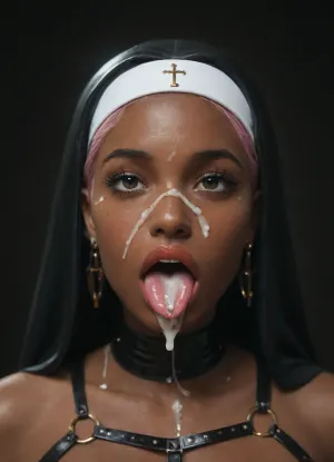 score_9, score_8_up, score_7_up, beautiful african american 24yo catholic nun, pink hair, ((dark black african american skin:1.7)), (latex catholic nun wearing only her wimple and o-ring harness:1.3), detailed eyes, extreme close-up of a wide open mouth with red lipstick, tongue stocking out, korean catholic nun with short blonde hair, orgasm eyes, dark smoky eye shadowm dark red lip gloss, wide face, (pierced tongue:1.4), enjoying, orgasmic, lustful, licking a BBC 20 huge black BBC dick resting on tongue, cum bursting out of dick, tongue sticking out, oral cumshot, exploding cumshot, projectile cum, huge cum explosion, cum everywhere, cum on tongue, cum on lips, cum on face, black background, neon lighting, PENeonUV, blacklight, neon, <lora:PE_NeonUV Style:.5>