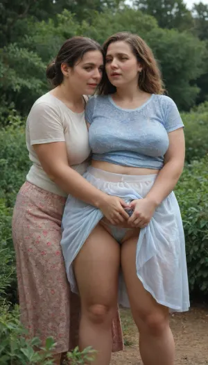 woman, (Two), Two modest and cautious women, fat, obese overweight, assed, old women lift up their skirts, In the thick bushes, soft erotic scene, show must, lesbian love, pleasure, orgasm faces, soakingwetclothes, <lora:soakingwetclothesXL:.6>