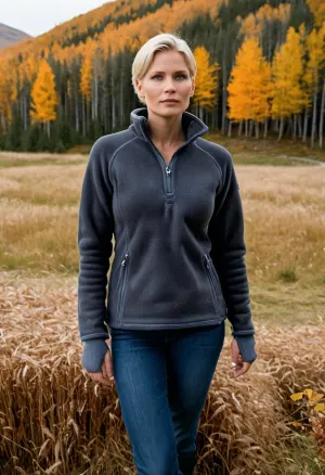 (masterpiece, best quality:1.2), 1 girl, swedish film character Rebecka Martinsson, solo, blue jeans, (anthracite fleece troyer, long sleeves:1.4), dark grey open hooded windbreaker, outdoors, white blonde hair, bright ice blue eyes, short haircut with side parting, hair tucked behind ears, Standing in autumn swedish fjell landscape, she looks into the distance, serious look, photorealism