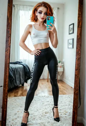 Stylish mirror selfie featuring a 18 yo, beautiful eyes, cute nose, sweet look, ((small, petite:1.3)), cute young redhead, saggy empty tits, pale. She’s dressed in a tanktop and wearing tight light leggings with high heels, cameltoe, (pussy outlined by pants), posing with a hand on her hip showing off her fit ass, her ass crack is well visible. The room has a modern aesthetic, with a large mirror, scattered makeup items, and hard lighting that enhances the neon colors around her. The angle of the shot is slightly tilted, capturing a laid-back, influencer-inspired vibe