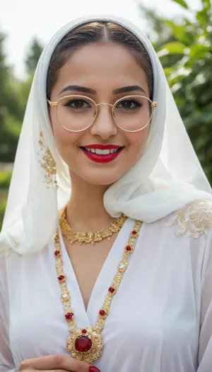 At wedding party, in garden, beautifull arabian woman, 20yo, wearing hijab and white transparent abaya, make-up, red lipstick, gold jewels, curvy body, smiling, no hair visible, wearing glasses
