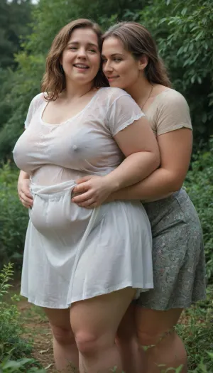 woman, (Two), Two modest and cautious women, fat, obese overweight, assed, old women lift up their skirts, In the thick bushes, soft erotic scene, show lesbian love, pleasure, happy, orgasm faces, soakingwetclothes, <lora:soakingwetclothesXL:.5>