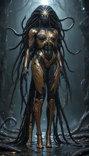 1 femalien posing, (front view), (massive thin lips:1.3), (long ornate black and gold armor:1.3), (extremely long tentacle hair:1.5), (black hair:1.3), (long thin face:1.2), (vanta black skin:1.3), (very long thick eyelashes:1.1), (bright white eyes:1.4), (muscular alien body:1.6), (extremely long legs:1.3), collarbones, (earrings:1.1), (sexy tiny breasts:1.3), (thin waist:1), (small nipples:1.2), (bubble butt:1.3), (thick athletic thighs:1.6), (long arms:1.6), (nude:1.3), (full body view:1.3), (massive creampie:1.3), (perfect eyes:1.3), 8k, space
512/3000, alien, species, futuristic, suit, electalien, artstyle, <lora:alien-species:2>, <lora:157880_training_data:2>, <lora:Alien_God_V3:2>, <lora:Electric Alien - Trigger is ElectAlien Artstyle:2>