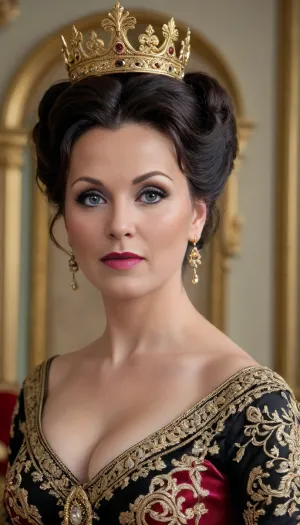 (4K UHD ultra-detailed RAW photo), high detailed, 8k, (photorealistic:1.7), 45 yo scared lady in palace, ((milf:1.4)), (wearing ancient rich dress with golden, Embroidery and crown), ((voluminous black updo bangs haircut)), ((makeup:1.5)), plump, skindentation, chubby, bbw, venus, body, big, breasts, ass, <lora:Chubby BBW - XL:.5>, <lora:add-detail-xl:.5>, <lora:580159_training_data:.5>