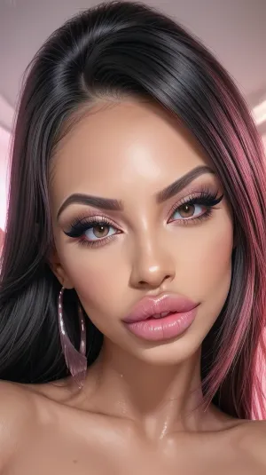 bimbo, black hair, best portrait photo, bolt on lips, tanned skin, one Person

reflecting skin, moist lips, collar bone, slim shoulders, ultra plump lips, ultra snatched face, botoxfacelift, antiageing, ultra cosmetic surgery, bright eyes, botox eyes, ultra glass skin, foxy eyes, perfect glass skin, flawless skin, Glistering skin, glistering lips, at a party, pouting lips, flaunting lips, looking up at viewer, eye contact, long fake eyelashes, slutty make up, lip gloss, pink, flirting with the host, ultra high quality, doing bimbo things, fresh cosmetic surgery, high detailed skin, 8K, HDR light, detailed skin texture, highly detailed hair, hair extensions, highly detailed face, insanely detailed, highest quality, hyperrealistic, <lora:BimbolipsV3-000004:.4>