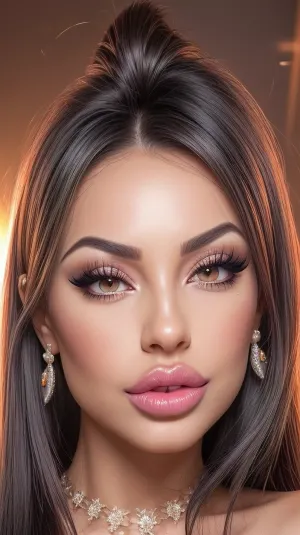 bimbo, black hair, best portrait photo, bolt on lips, tanned skin, one Person

reflecting skin, moist lips, collar bone, slim shoulders, ultra plump lips, ultra snatched face, botoxfacelift, antiageing, ultra cosmetic surgery, bright eyes, botox eyes, ultra glass skin, foxy eyes, perfect glass skin, flawless skin, Glistering skin, glistering lips, at a party, pouting lips, flaunting lips, looking up at viewer, eye contact, long fake eyelashes, slutty make up, lip gloss, pink, flirting with the host, ultra high quality, doing bimbo things, fresh cosmetic surgery, high detailed skin, 8K, HDR light, detailed skin texture, highly detailed hair, hair extensions, highly detailed face, insanely detailed, highest quality, hyperrealistic, <lora:BimbolipsV3-000004:.2>