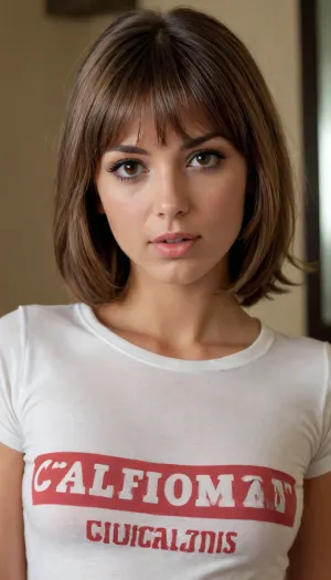 portrait of a California girl, 18 years old, 1970s, style, tanned skin, brown eyes, Brown bobcut with bangs, 1girl, sexy, young girl, skinny, looking at viewer, sample background, (t-shirt:1.2), (flat breasts), sultry, seductive, seducing, alluring, intimate, sexual, horny, insatiable, lustful, erotica, irresistible, ziprealism