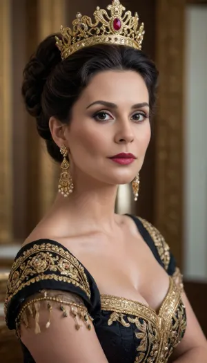 (4K UHD ultra-detailed RAW photo), high detailed, 8k, (photorealistic:1.7), 45 yo kind lady in palace, ((milf:1.4)), (wearing ancient rich dress with golden, Embroidery and crown), ((voluminous black updo bangs haircut)), ((makeup:1.5)), plump, skindentation, chubby, bbw, venus, body, big, breasts, ass, <lora:Chubby BBW - XL:.5>, <lora:add-detail-xl:.5>, <lora:580159_training_data:.5>