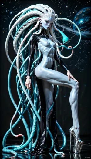 1 sexy femalien posing, (side view), (extremely large thin lips:1.3), (long ornate black clothing:1.4), (extremely long tentacle hair:1.5), (platinum hair:1.3), (long thin face:1.3), (blue skin:1.3), (very long thick eyelashes:1.1), (bright teal eyes:1.4), (muscular alien body:1.3), (long legs:1.2), collarbones, (earrings:1.1), (sexy tiny breasts:1.3), (thin waist:1.1), (small nipples:1.2), (bubble butt:1.3), (thick athletic thighs:1.6), (long arms:1.6), (nude:1.4), (full body view:1.3), (massive creampie:1.3), (perfect face), (perfect eyes:1.3), 8k, space
512/3000, alien, species, futuristic, suit, electalien, artstyle, <lora:alien-species:2>, <lora:157880_training_data:2>, <lora:Alien_God_V3:2>, <lora:Electric Alien - Trigger is ElectAlien Artstyle:2>