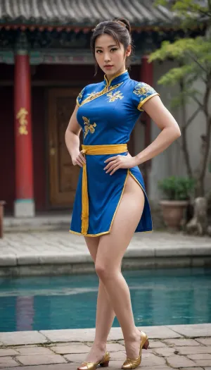 ultra realistic face, detailed, Chun-Li, Street fighters pose, alluring Chinese female fighter, Chun-Li wears the qipao, a Chinese dress imported over from Manchuria, yet popular among girls during the early 20th century. Her outfit is modified to allow a far wider range of movement than a normal qipao. She also wears white combat boots and blue leotard with dark brown sheer pantyhose with her qipao. Her qipao is blue with golden accents, Her hairstyle is called "ox horns", a typical style in which Chinese dress their hair, depictions of girls in Chinese paintings frequently show girls in ox horns and amber eyes, 18 years old, huge breast, massive breast, perfect face, perfect body, perfect skin, detailed skin, beautifull long leg, front view, looking at camera, full body, 4k, ultra high resolution, Chinese beauty, background in ancient Chinese traditional springs pool, she burst out that dress, Full body, chun-li, street fighters pose render