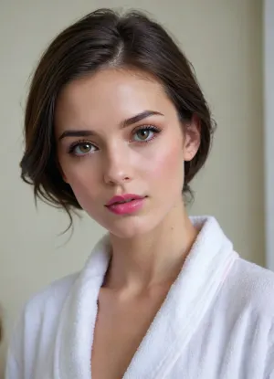 (side view:1.4), turning to viewer, 18 years old, sexy, short dark hair, tied back, small face, innocent, (young girl), (skinny), model, makeup, (pink lip gloss), cute, attractive, petite, snub nose, in a soft, white bathrobe, (looks at viewer), (pouting), photo studio