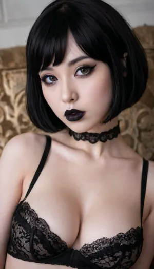 gothic, goth, (asian:1), pale skin, dark black eyes, black hair, bangs hair, black eyeliner, (black lipstick), white skin, perfect eyes, small eyes, detailed eyes, small nose, good anatomy, ultra detailed, high resolution, fake breasts, slut face, whore, (ahegao:1), sexy posing, tongue, out, ahegao, drool, <lora:ahegao_mr_chrisma:1>