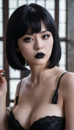 gothic, goth, (asian), pale skin, dark black eyes, black hair, bangs hair, black eyeliner, (black lipstick), white skin, perfect eyes, small eyes, detailed eyes, small nose, good anatomy, ultra detailed, high resolution, fake breasts, slut face, whore, sexy posing, biting, own, lip, <lora:384729_training_data:1>