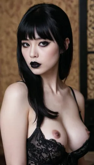 gothic, goth, (asian), pale skin, dark black eyes, black hair, bangs hair, black eyeliner, (black lipstick), white skin, perfect eyes, small eyes, detailed eyes, small nose, good anatomy, ultra detailed, high resolution, fake breasts, slut face, whore, sexy posing, biting, own, lip, <lora:384729_training_data:1>